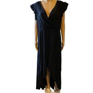 Grecerelle Women XL Black V Neck Wrap Dress Hi Low Ruffle Coastal Elastic Waist